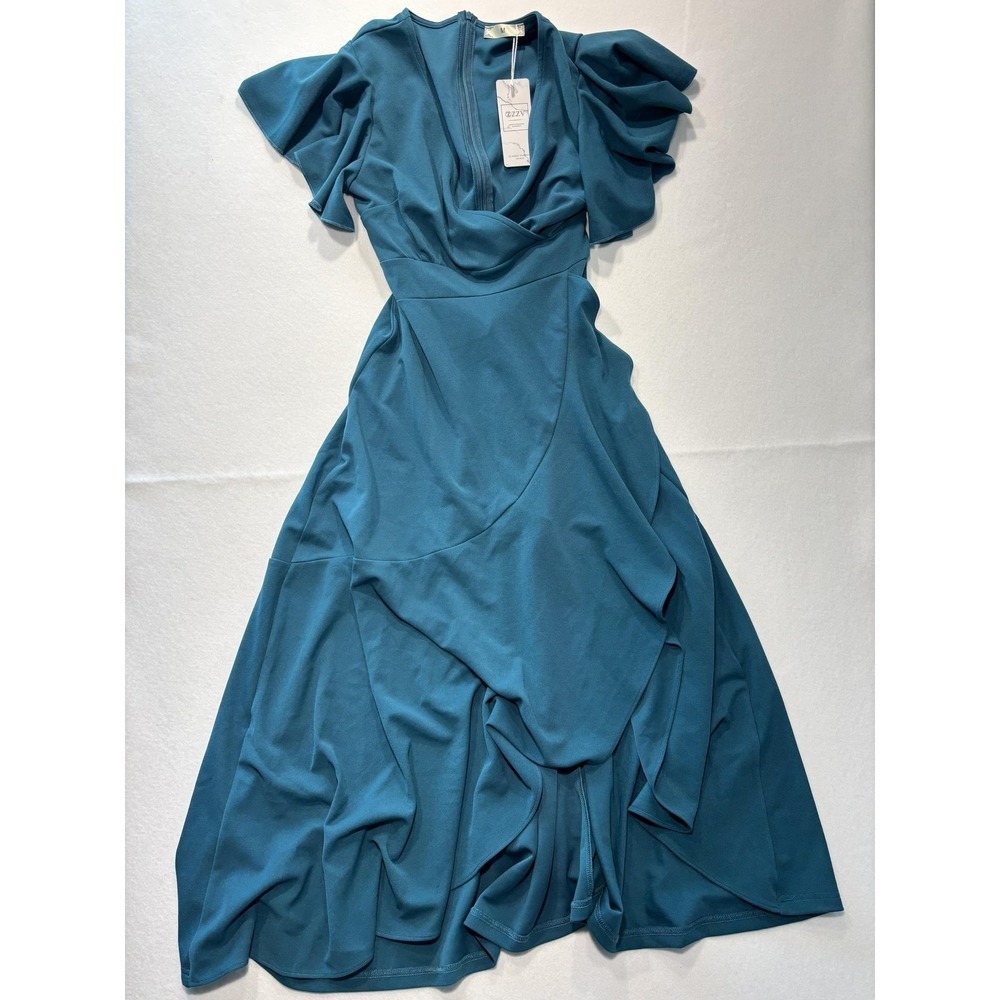 ZZV Dress Womens Medium Blue Cowl Neck Flutter Sleeve Asymmetrical Ruffle Midi